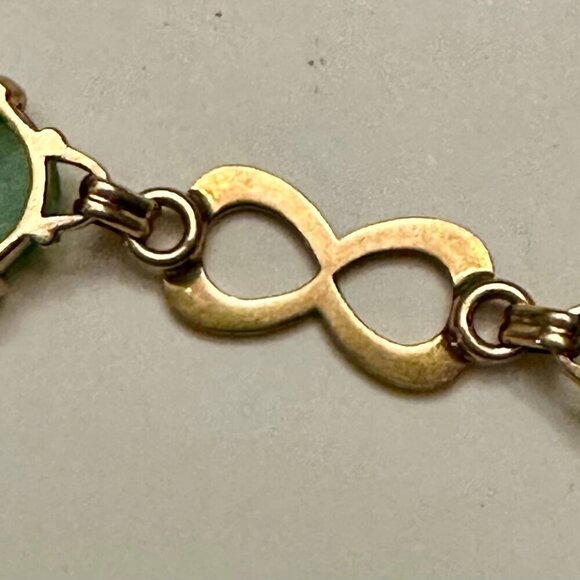 Antique Apple Green Oval Jade Cabochon 14Kt Gold Link Infinity Luck Bracelet - Picture 5 of 7